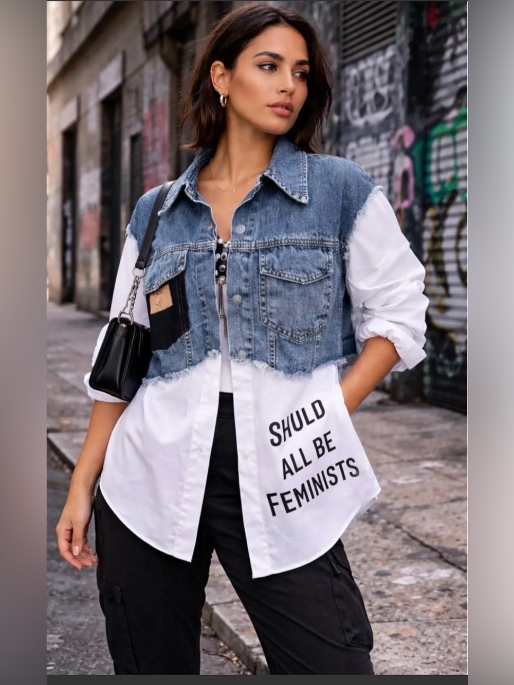 White & Blue Denim-Panel Shirt Jacket with Slogan